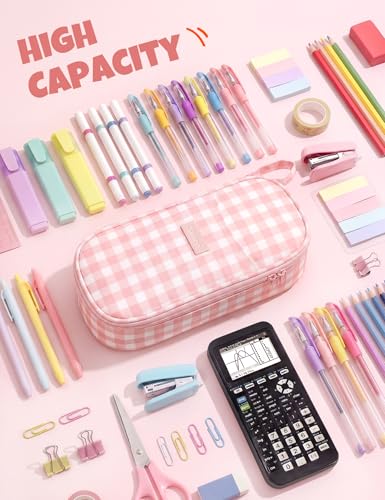 SUNEE Cute Pencil Case, Large Colored Pencil Pouch, Aesthetic Pen Bag with Zipper, Kawaii Stationery Storage and Organizer, School Supplies for Teen and Adult, Boys & Girls, Pink Checkered - color: Pink Checkered