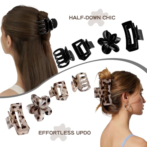 8 Pcs Neutral Matte Hair Claw Clips Set, Strong Hold Non-Slip Jaw Clips for Women Girls, Rectangle & Flower Design Hair Clips for Thick/Thin Hair, Daily & Styling Accessories（Black & Leopard) - color: Black-Leopard
