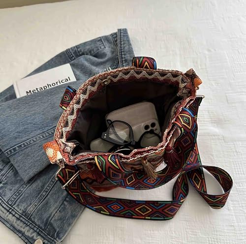 boho western crossbody bags for women, boho hippie handbag tote bag, fringe colorful multi color canvas purse