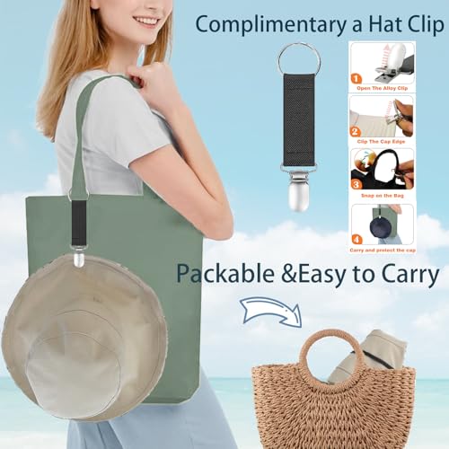 vidsel Womens Sun Hats Wide Brim Reversible Bucket Cotton Hat Packable Summer Travel Cap with Hat Clip,UV Protection - color: Medium-beige1, size: Medium