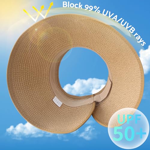 NPJY Sun Hats for Women Wide Brim Roll-Up Beach Ponytail Hat Packable Foldable Travel Straw Visor - color: White