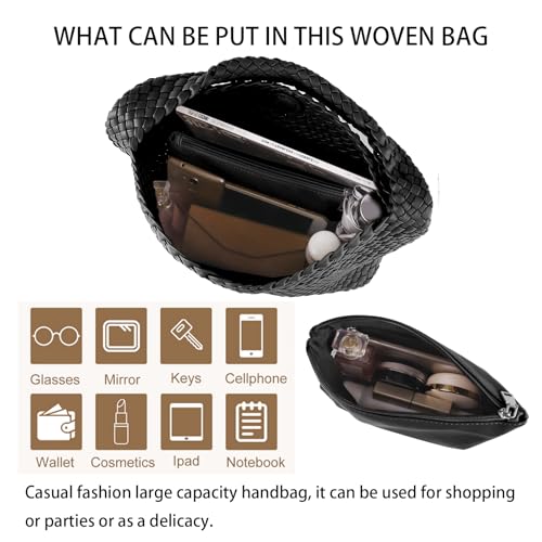 Woven Tote Bag For Women, Large Vegan Leather Travel Handbag, Casual Work Shoulder Bag, Underarm Commuter Hobo Bag With Purse - color: Black