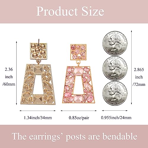 Rhinestone Rectangle Statement Earrings Colorful Crystal Geometric Drop Dangle Earrings for Women Prom Party - color: Pink