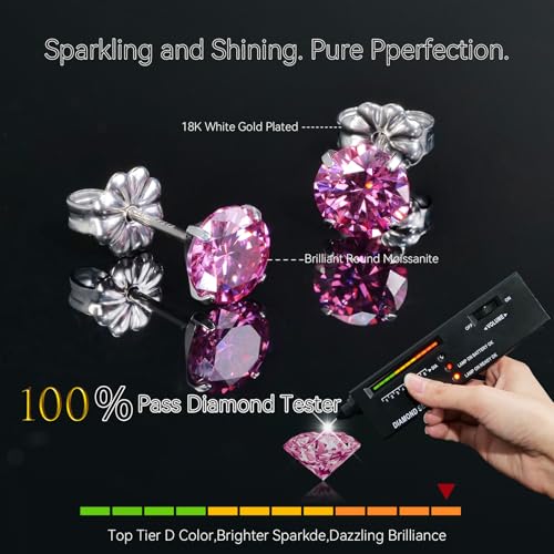 Moissanite Stud Earrings, G23 Hypoallergenic Titanium Stud Earrings for Women Men, Round Cut D Color VVS1 Clarity 18K White Gold Palted Multicolor Moissanite Jewelry, 0.6CT-3.0CT - color: Pink, size: (0.3ct*2)-4mm-0.6 Carat