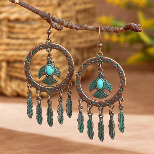 Boho Turquoise Drop Earrings Retro Long Copper Feather Tasse Metal Leaf Dangle Earrings Vintage Country Western Jewelry Cowgirl Ethnic Style Geometric Concert Festival Accessories for Women - color: Green Bird