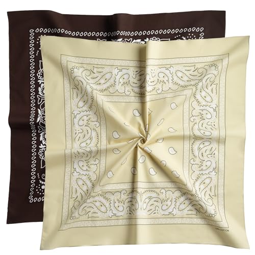 Extra Large Bandana 27” x 27”,100% Cotton bandana for Men and Women，Multi-Purpose Scarf Headbands ，Head Scarfs - color: Brown/Khaki
