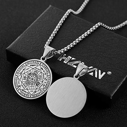 HZMAN Vintage Stainless Steel The Seal of The Seven Archangels Pendant Necklaces 22+2“ Chain - color: Silver