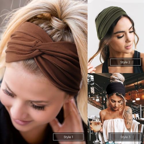 AQOKKA Extra Wide Headbands for Women Large Turban Headband Non Slip Boho Elastic Hairband Hair Twisted Knot Head Bands Accessories - color: 4 Pcs: Black, Olive, Drak Coffee, Brown
