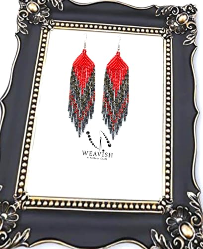 Long Beaded Dangle Earrings – Boho Native Handmade Seed Bead Tassel Bohemian Large Statement Drop Fringes for Women - color: Red &