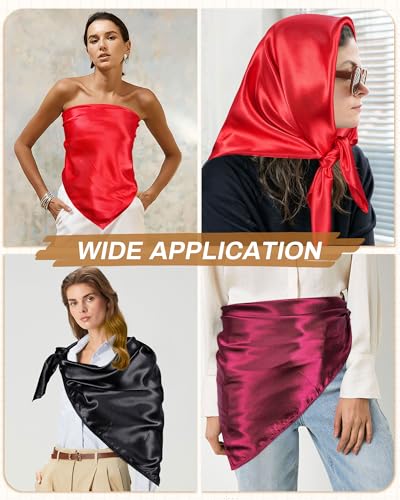 Mesovor 35” Square Head Scarf for Women, 3 Pack Like Silk Satin Headscarf Hair Neck Scarf Top Bandanas for Sleeping - color: Bright Red + Burgundy + Black