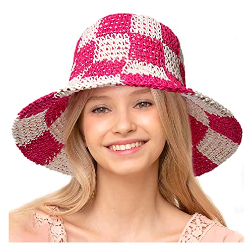 Sun Hats Checkerboard Straw Bucket Hat for Women Packable Crochet Wide Brim Floppy Beach Hats Traveling Summer Accessories - color: Hot Pink