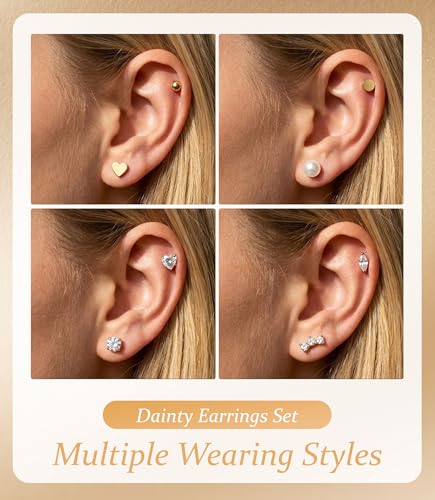 Incaton Hypoallergenic Flat Back Earrings for Women Silver 14K Gold Plated Surgical Stainless Steel Stud Earrings Cubic Zirconia Cartilage Studs Earrings For Multiple Piercing Sensitive Ears - color: 5-GOLD