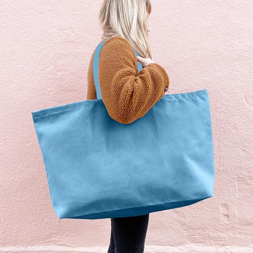 Large Canvas Tote Bag-Extra Big Shopping Beach Totes Bags Reusable Largest Grocery Plain Solid Bag 28"x8"x16" - color: Sky Blue