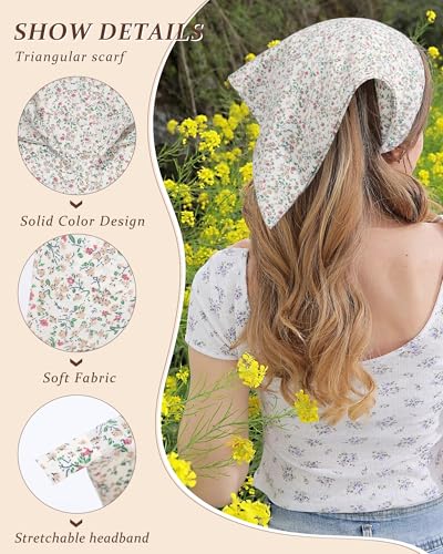 HAIMEIKANG Floral Hair Scarf Headbands for Women Boho Bandanas for Women Triangle Kerchief Solid Color Hair Bands Vintage Head Scarf (Beige+Yellow+Black) - color: Beige+Yellow+Black