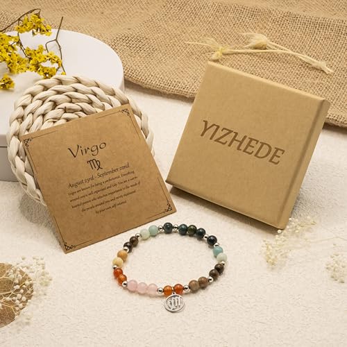 Zodiac Natural Stone Bracelet – Handmade Crystal Healing Bracelet with Zodiac Charm – Adjustable Beaded Jewelry Gift for Women Men Girls - color: Virgo