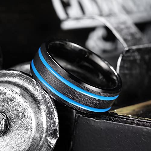 King Will Mens Tungsten Rings for Men Two Tone Grooved Mens Wedding Band Cool - color: Black & Blue Two Groove 8mm