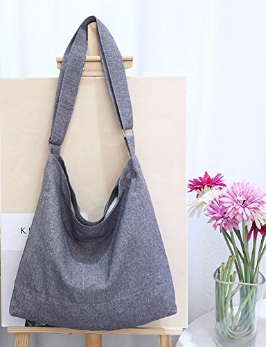 Covelin Women's Retro Large Size Canvas Shoulder Bag Hobo Crossbody Handbag Casual Tote - color: Light Grey