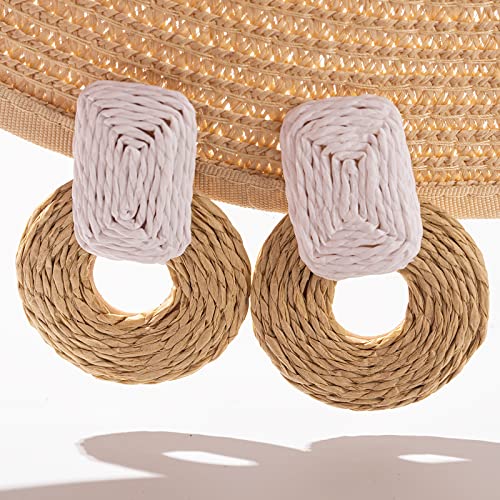 Statement Raffia Earrings Cute Boho Earrings Rattan Dangle Earrings Handmade Straw Wrap Earrings Summer Drop Dangling Earrings for Women Teen Girls - color: White/Nature