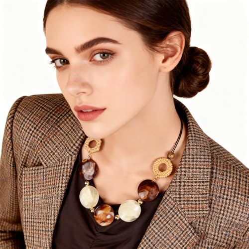 Chunky Acrylic Beaded Necklace for Women Colorful Acrylic Beaded Choker Round Beads Statement Necklace Fashion Jewelry - color: Brown