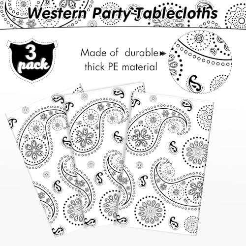 Tatuo Western Party Tablecloth Paisley Table Cover Bandana Plastic Table Cloth Rectangle Floral Tablecloth for Western Cowboy Themed Party 108 X 54 Inch(White,3 Pack) - color: White