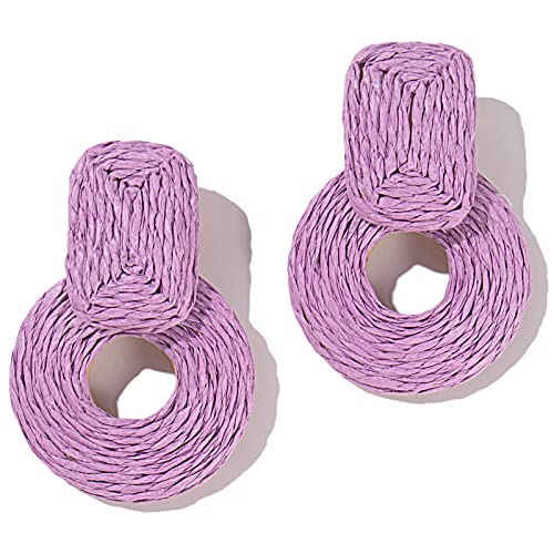 Statement Raffia Earrings Cute Boho Earrings Rattan Dangle Earrings Handmade Straw Wrap Earrings Summer Drop Dangling Earrings for Women Teen Girls - color: Purple
