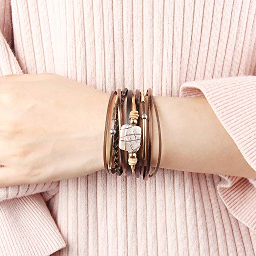GelConnie Leather Cuff Bracelet Baroque Pearl Wrap Bracelet Gorgeous Gold Tube Bangle Boho Bracelet Bohemian Wristband Jewelry Gift for Women Wife - color: Leather Cuff Bracelet-Brown