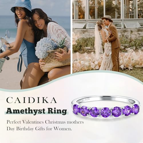 3.5mm Stackable Rings S925 Sterling Silver Created Birthstone & Cubic Zirconia Ring for Women Wedding Bands Anniversary Birthday Jewelry Size 6 to 10(with Box) - color: 02-Created Amethyst-Feb