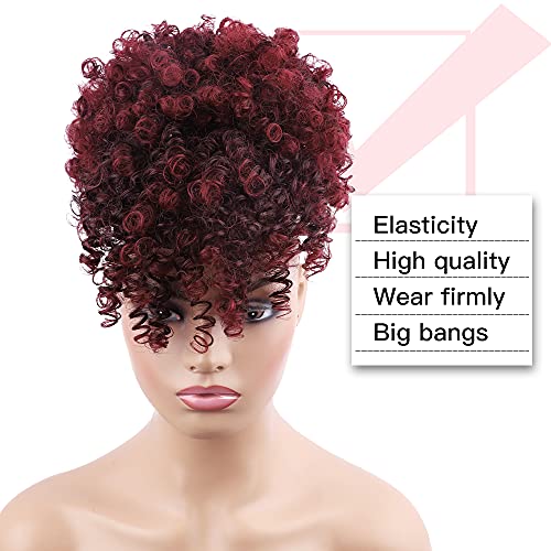 Drawstring Ponytail with Bangs - Afro Puff Extensions for Women - Short Curly Clip in Wrap Updo Hairpiece (TBUG) - color: TBUG