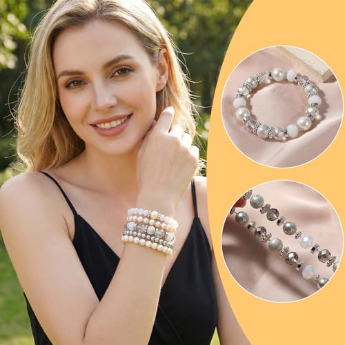 5PCS Beaded Stretch Bracelet Stackable Stylish Beaded Bracelets for Women Crystal Bead Boho Stretch Layering Stone Bracelets Trendy Costume Jewelry Gift Multilayered Disco Ball Faceted Bracelet - color: White, Silver