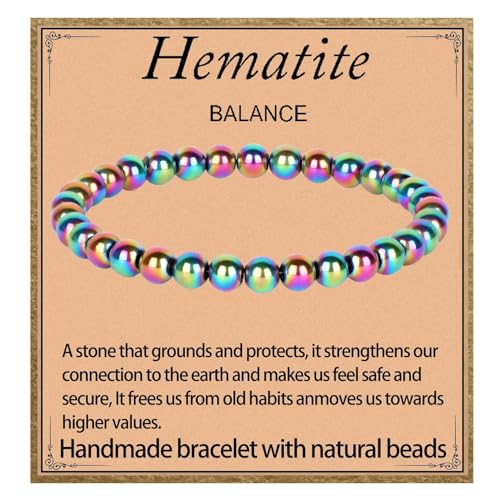 LPBeads Handmade Natural Gemstone Stretch Elastic Bracelet Healing Crystal Round Stone Beads Jewelry Gifts for Women Men - color: Rainbow Coated Hematite, size: 6mm