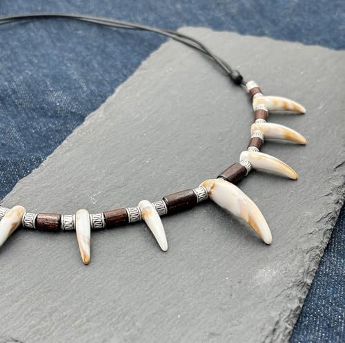 Wolf Wood Beads Tooth Necklace for Men Women Tribal Caveman Adjustable Resin Tooth Pendant Necklace