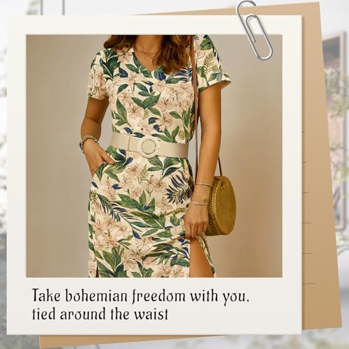 Straw Woven Elastic Belt for Women, Boho Braided Raffia Waist Belt, Stretch Rattan Belt for Summer Dresses - color: Round Buckle-beige, size: XL: Fit waist size up to 45"