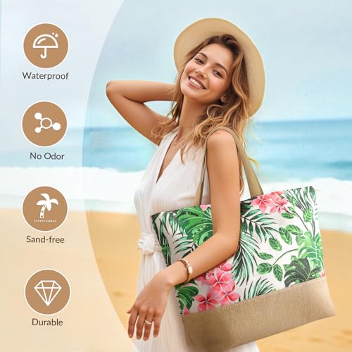 Trifabricy Beach Bag for Women, Large Beach Tote Bags with Zipper, Woven Straw Tote Waterproof, Swim Gym Shopping Travel Bag - color: Pink Floral