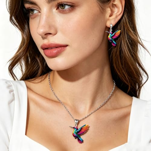 Hummingbird Necklace Earrings Set for Women Cute Colorful 2D Bird Pendant Necklace Acrylic Hypoallergenic Dangle Earrings Trendy Jewelry for Bird Lovers - color: Colorful 2