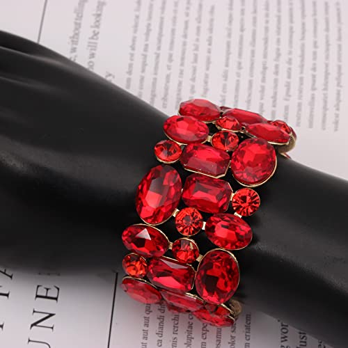 Women’s Wedding Bridal Crystal Leaf Flower Stretch Bangle Elastic Wide Bracelet Jewelry for Brides Bridesmaid - color: Red-Gold Plated