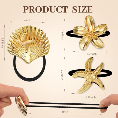 3PCS Gold Hair Ties, Metal Hair Ties for Thick Hair, Elegant Durable Geometric Design, Gold Hair Accessories Stretchy and Non-Damage Ponytail Holders, Ocean Pattern 3 Style Starfish Shell Flower - color: Gold Set 02
