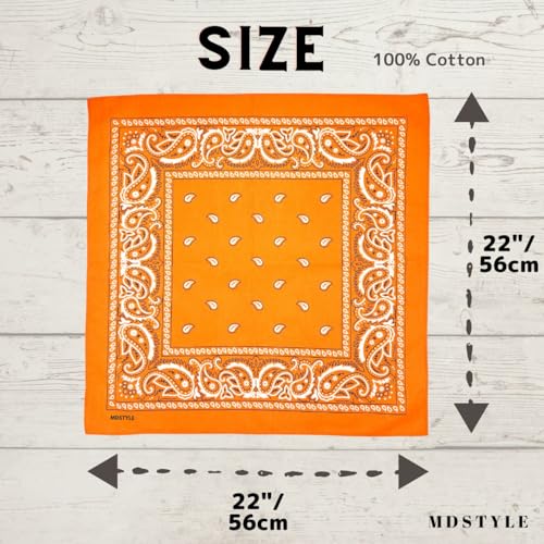 MDSTYLE 100% Cotton Bandana for Men & Women 22" x 22" Paisley Pattern Handkerchief Headband Scarf - color: Orange