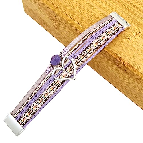 Womens Multi Layer Heart Leather Wrap Bracelet Boho Stackable Cuff Bangle Magnetic Clasp Crystal Birthday Valentine Gift - color: Purple