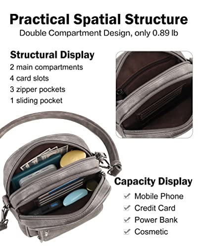 FADEON Small Purses for Women Crossbody Bags, Designer PU Leather Mini Cross Body Purse Travel Shoulder Bag Card Slots - color: Charcoal Grey Retro Style