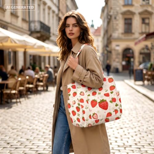 Corduroy Tote Bag for Women,Large Capacity Cute Tote Bags With 6 Pockets,Crossbody Shoulder Handbag for Work Travel Gym - color: Watercolor Strawberry