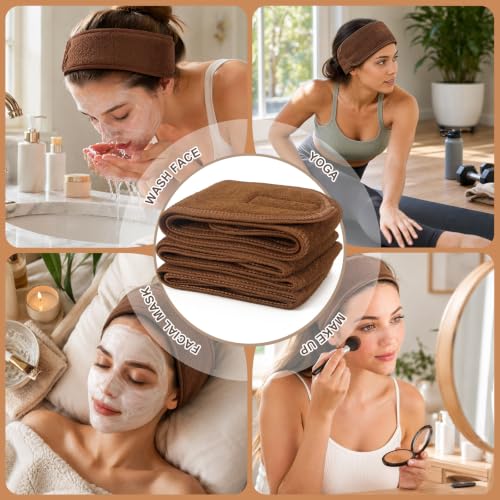 Whaline 4Pcs Spa Facial Headbands Make Up Wrap Head Terry Cloth Headband Soft Adjustable Towel Band for Face Washing Shower Facial Cover Yoga (Coffee) - color: Coffee