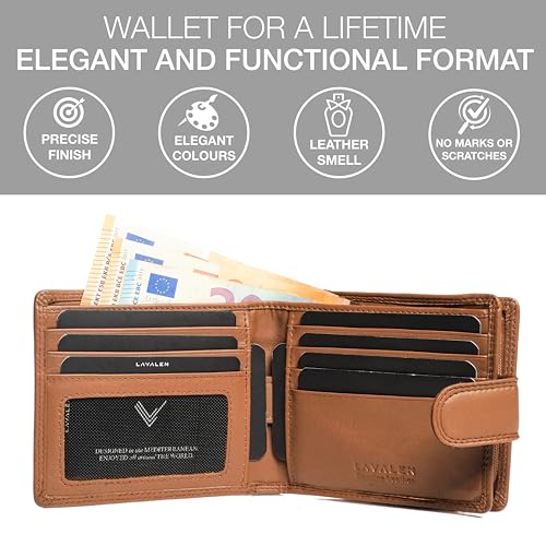 Soft Leather Wallet for Men - Mens Wallet Bifold with Zipper Coin Pocket - Holds Bills, Credit Cards, Coins - Carteras para Hombres Piel - Billeteras de Hombres Cuero Original - RFID Blocking - color: Cognac