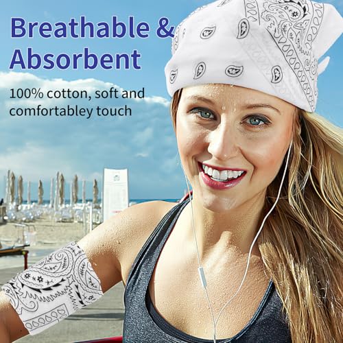 6 Pack Pure Cotton Bandana, Multi-Purpose Square Handkerchief, Face Mask headband for Men and Women - color: White