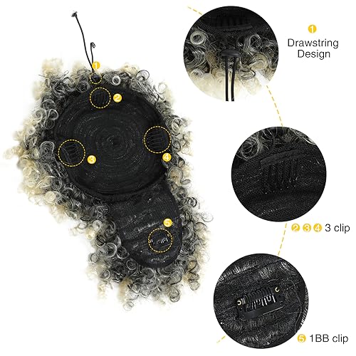 Drawstring Ponytail with Bangs - Afro Puff Extensions for Women, Short Curly Clip in Wrap Updo Hairpiece (T1B/613#) - color: T1B/613#