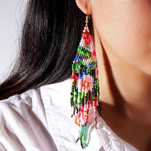 Flower Black Beaded Long Tassel Western Native American Earrings For Women Dangling - color: green