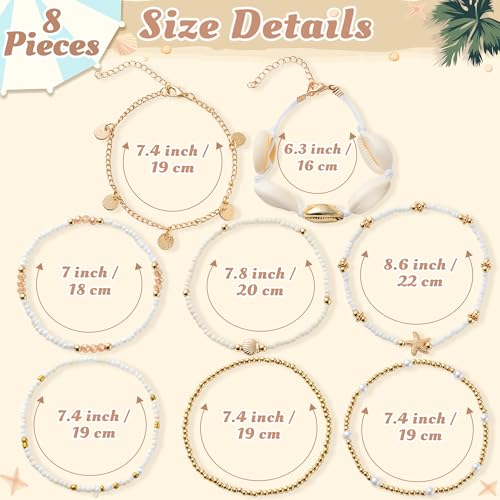 Y1tvei Shell Ankle Bracelet Set - 8Pcs White Gold Beaded Stretch Braceletst for Women, Seashell Starfish Charm Jewelry for Beach, Gold Beads Rice Beads Alloy Accessories Jewelry Gift for Summer
