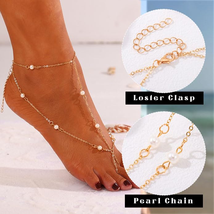 Yalice Gold Beaded Foot Chain for Women Sequins Barefoot Sandals Rhinestone Coin Toe Anklet Summer Wedding Pearl Foot Jewelry - style: Pearl
