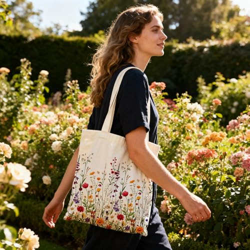 METALPHA Aesthetic Tote Bag for Women Girls - Resuable Double-Sided Printed Canvas Tote Bag with Snap Closure and Pocket - color: Verticalwildflowers