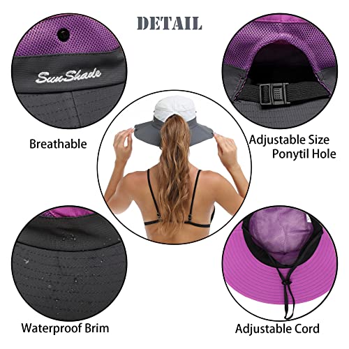 Womens Summer Sun Hat Beach Hat Wide Brim Outdoor UV Protection Hat Foldable Cool Mesh Ponytail Bucket Hat - color: Purple-gray