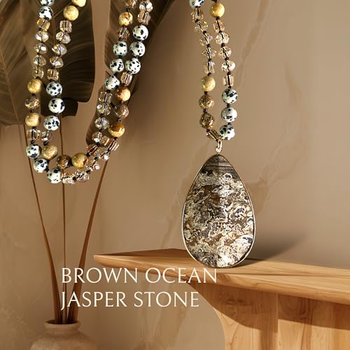 Long Genuine Stone beads and Pendant Necklace for Woman. Hand Knotted natural stone beads with big non-precious stone statement necklace. HANDMADE Boho Jewelry for women. - color: Beige